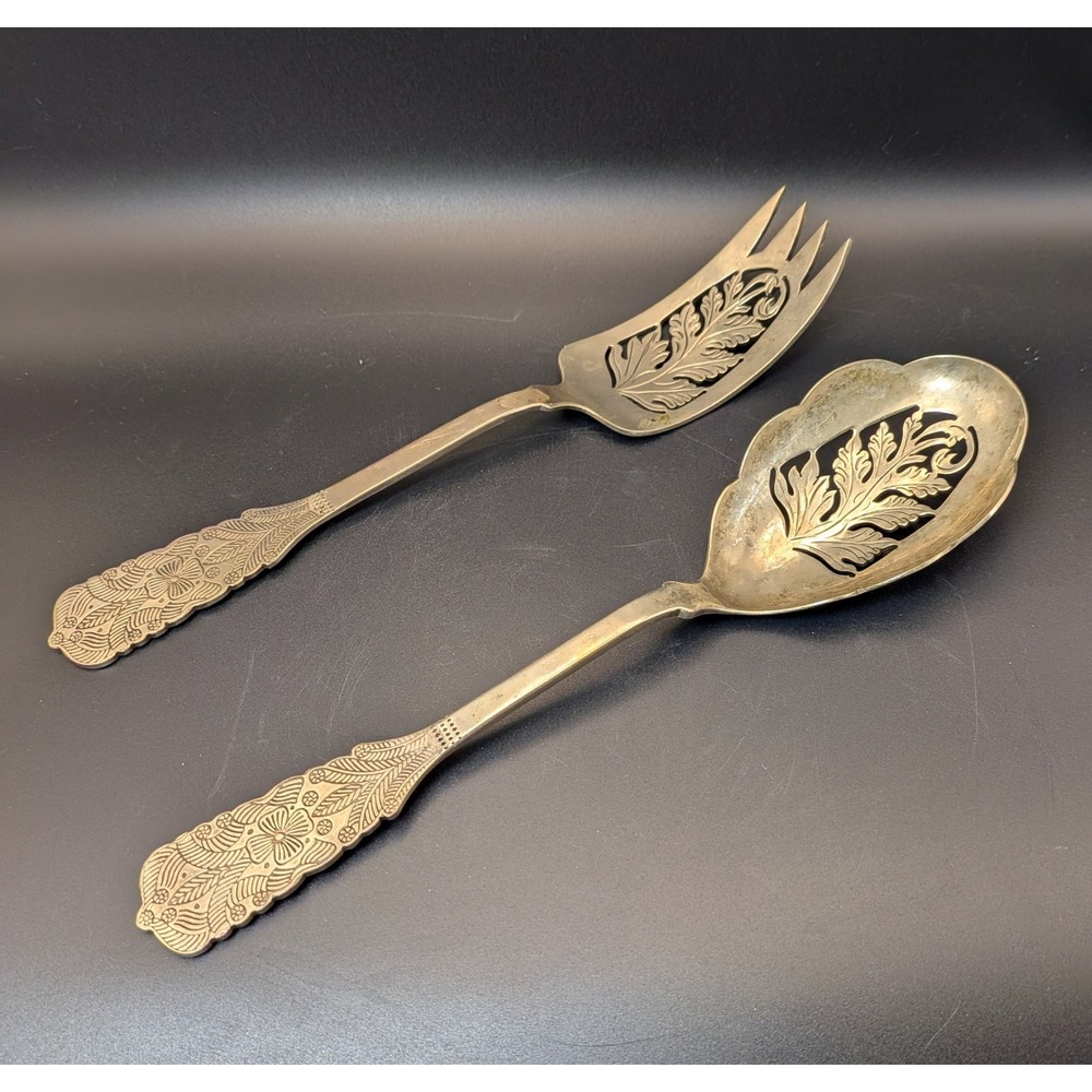 Vintage Early Silverplate Serving Set Pierced Leaf Design Salad Spoon Fork